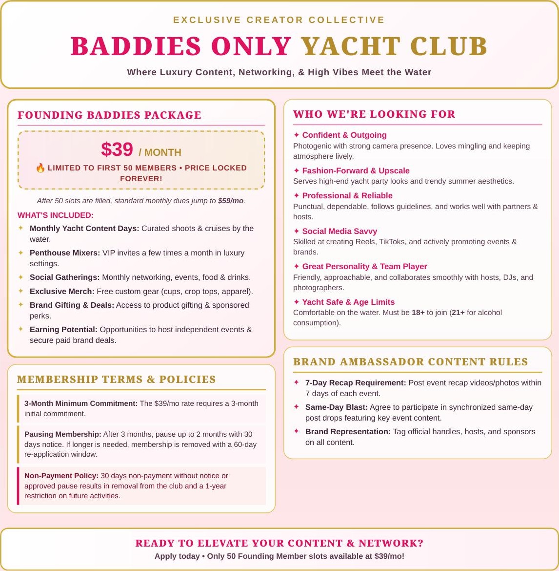 Baddies Only Yacht Club info flyer — Founding Baddies Package, $39 per month for the first 50 members, with membership perks, terms, and who we're looking for