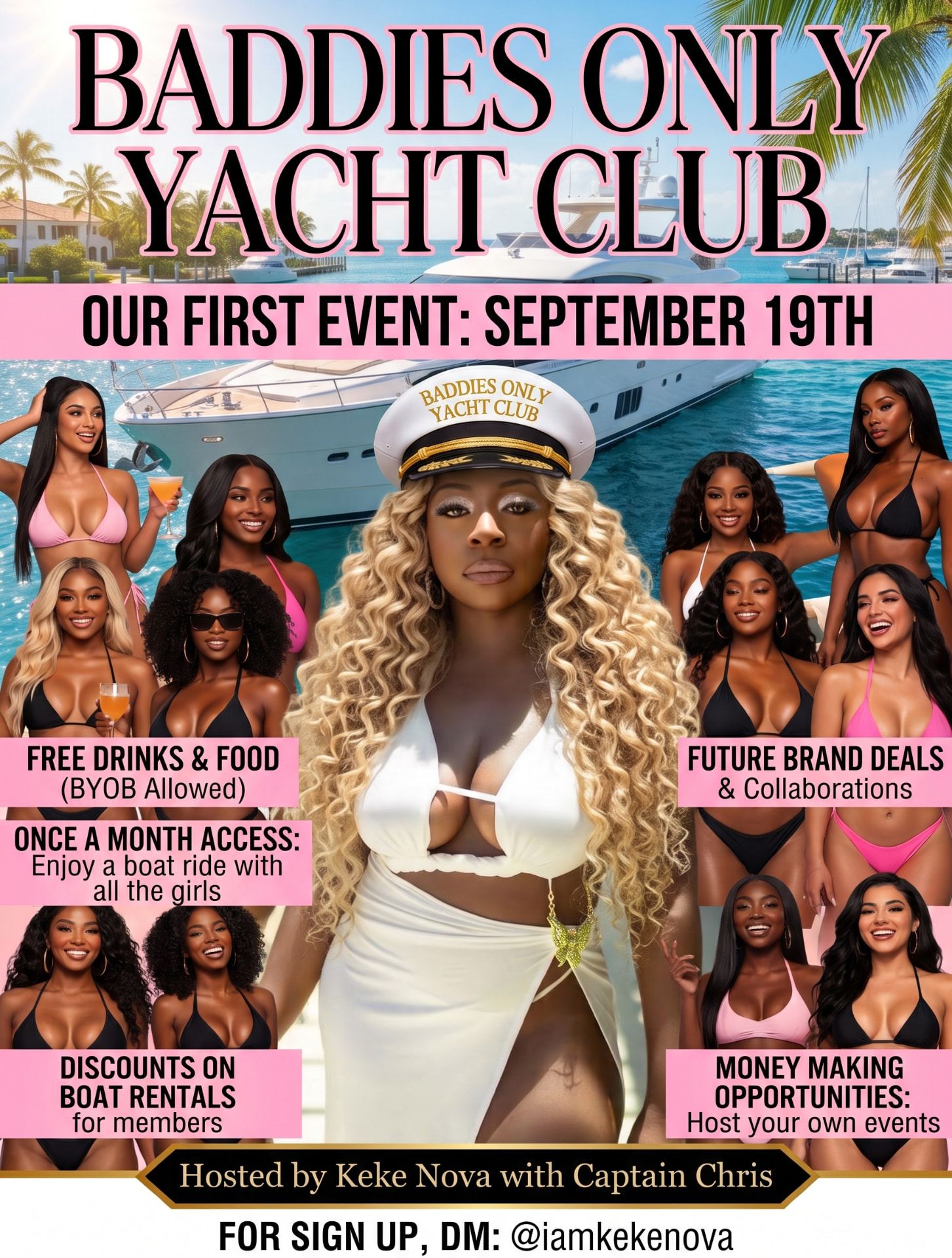 Baddies Only Yacht Club flyer for the first event on September 19, hosted by Keke Nova with Captain Chris